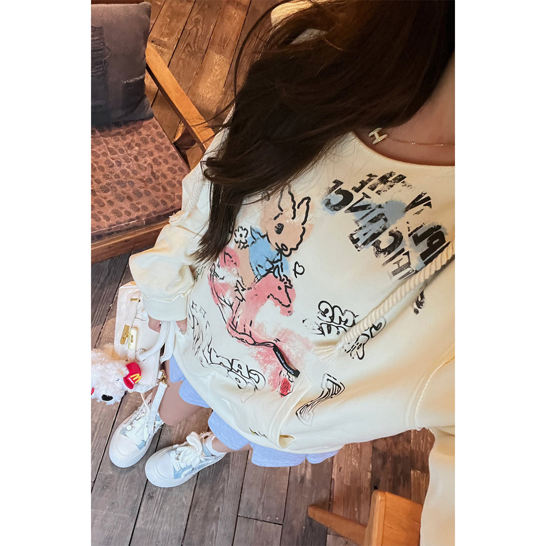 Alexia Sandra Printed Graffiti Rabbit Distressed Hoodie Yellow