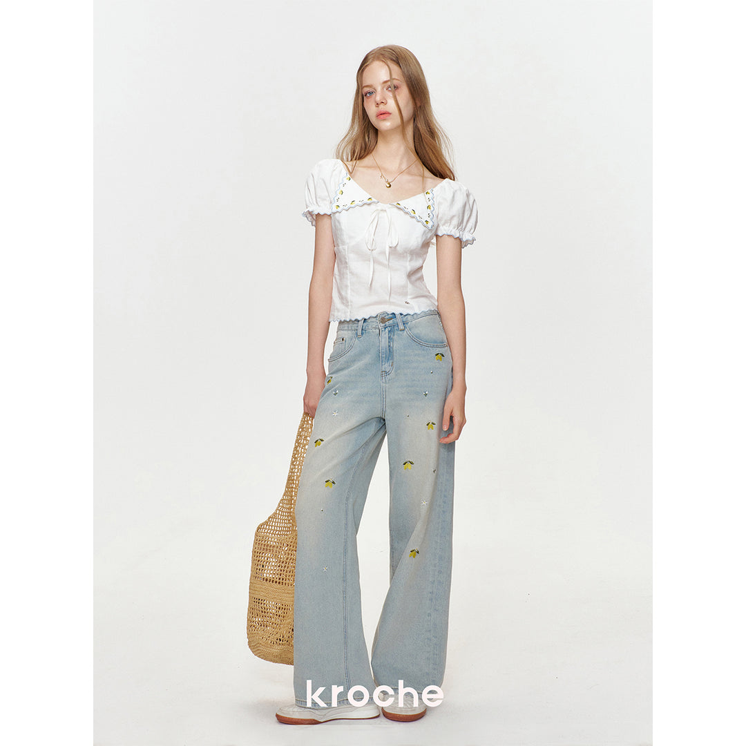 Kroche Lemon Embroidery Lace Up Shirt Top White