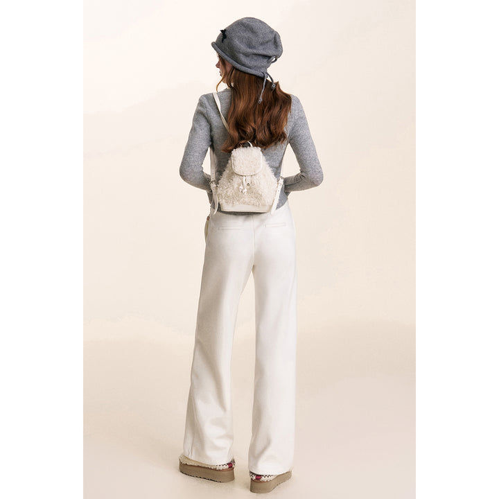 Kroche Drawstring High Waist Wide-Leg Casual Pants White