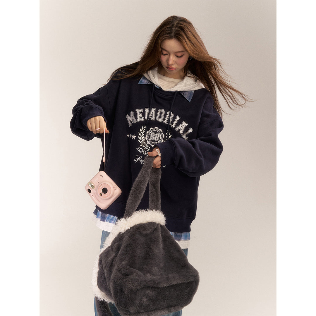 AsGony Fake-3-Piece Plaid Patchwork Retro Printed Hoodie