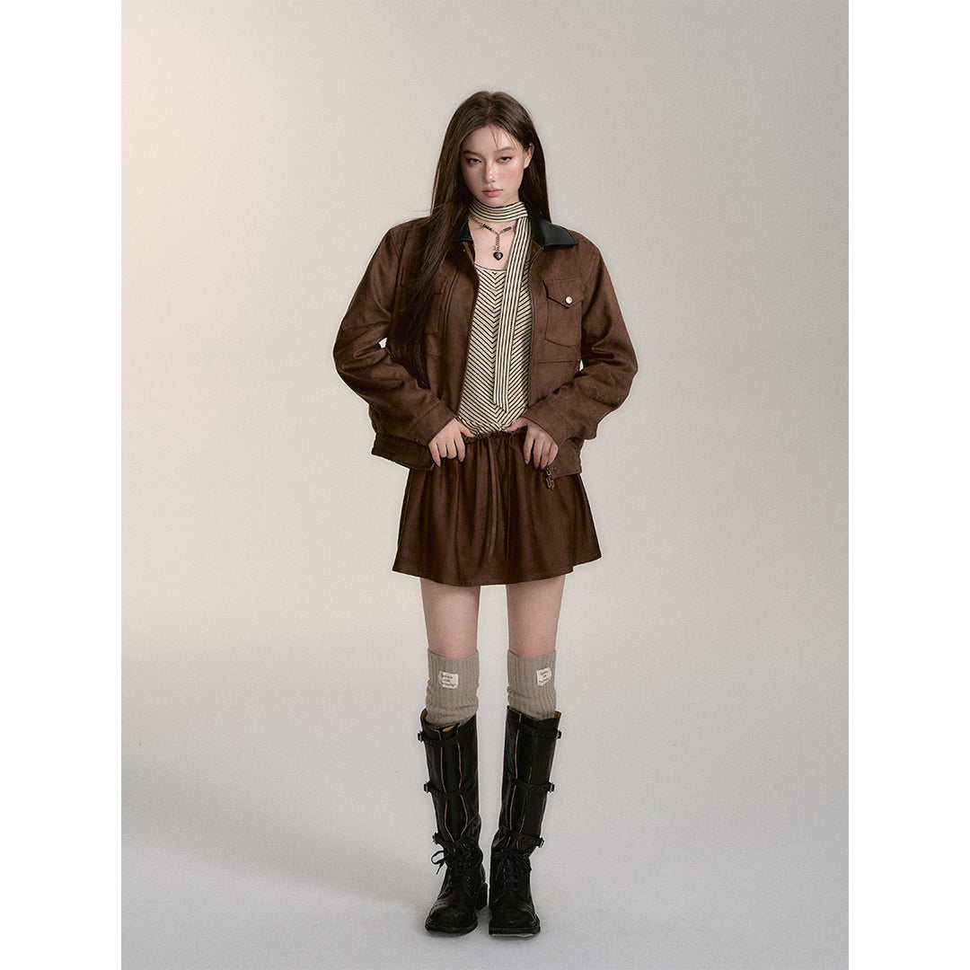 Via Pitti Fake-2-Piece Suede Short Skirt Brown