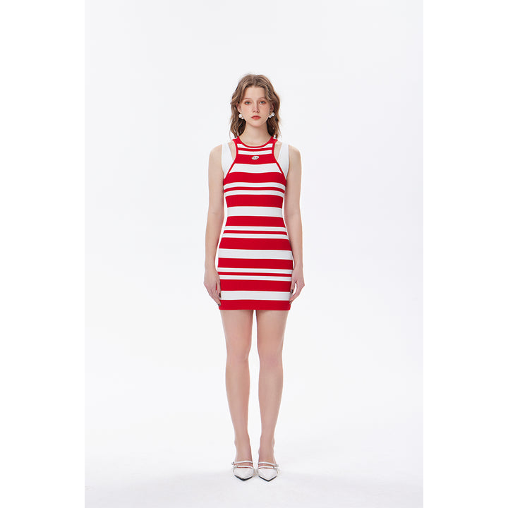 Three Quarters Striped Sleeveless Knit Long Dress Red