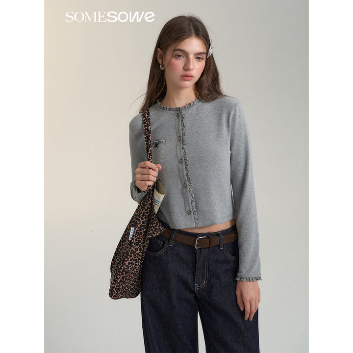 SomeSowe Bow Lace Knit Cardigan Gray