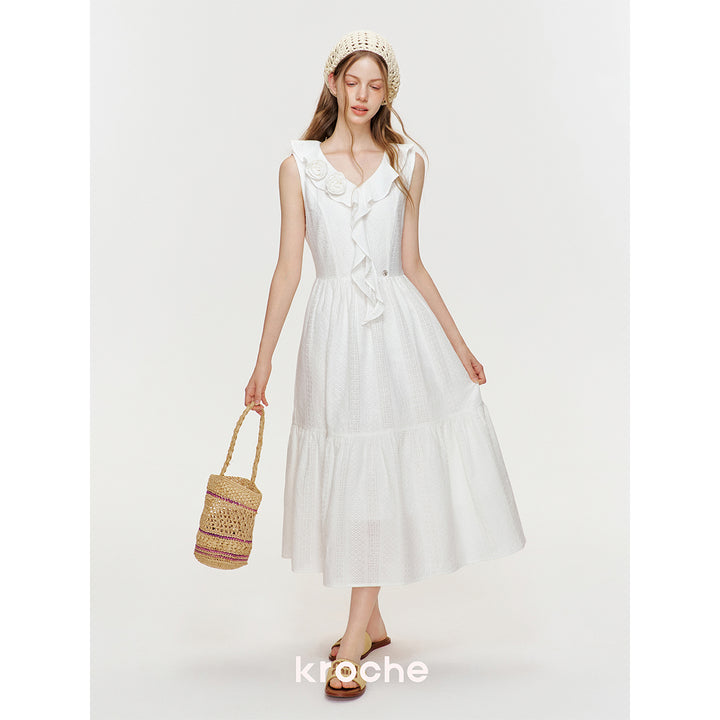 Kroche Ruffled Rose Pin Hollow Out Lace Dress White