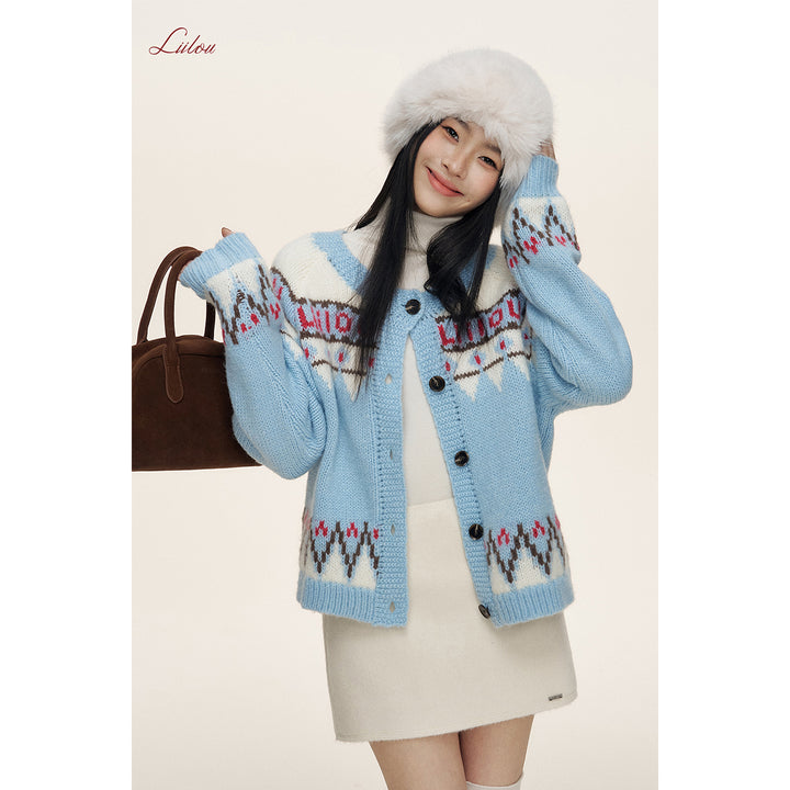 Liilou Fair Isle Jacquard Woolen Knit Cardigan Blue