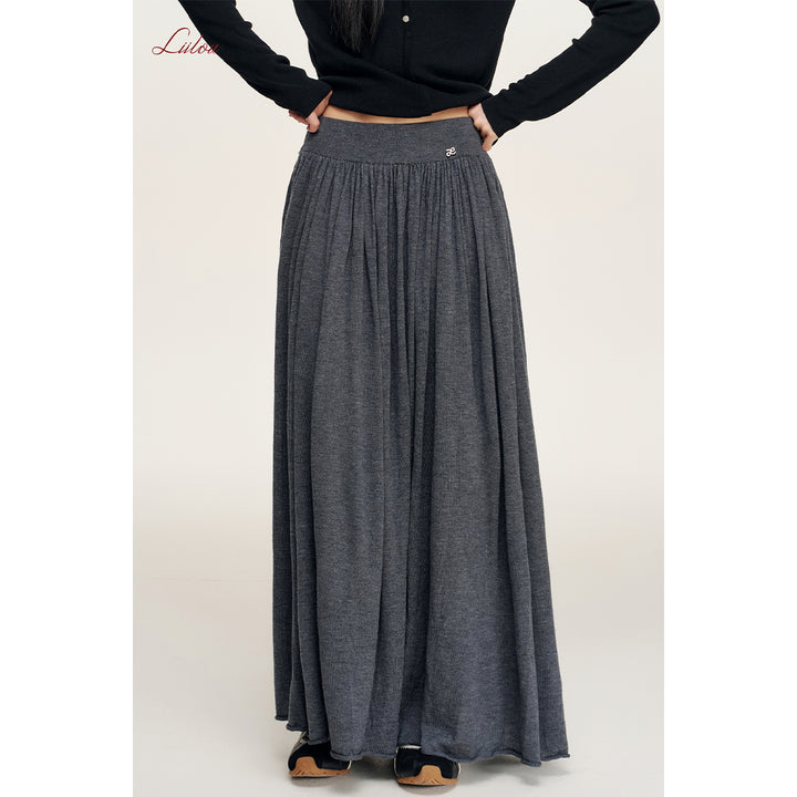 Liilou Draped Elastic-Waist Woolen A-Line Long Skirt Dark Gray