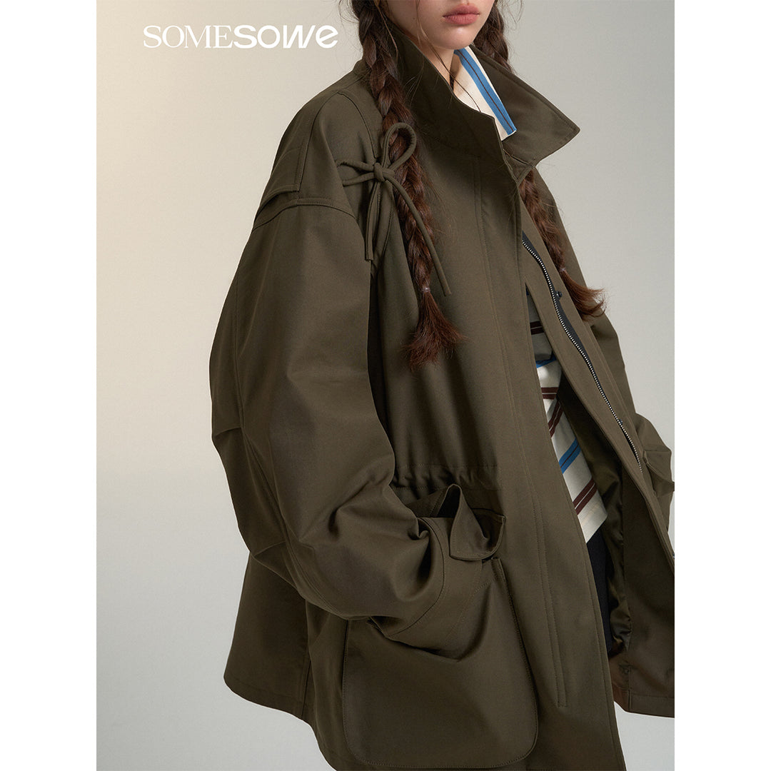 SomeSowe Bow Drawstring Waisted Cargo Jacket Olive Green