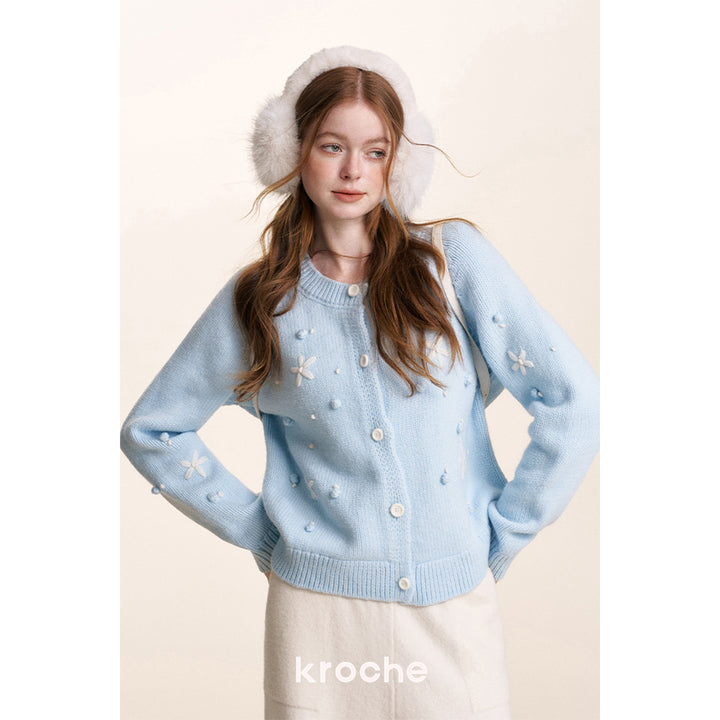 Kroche ﻿3D Hand Crochet Snow Round-Neck Knit Cardigan Light Blue