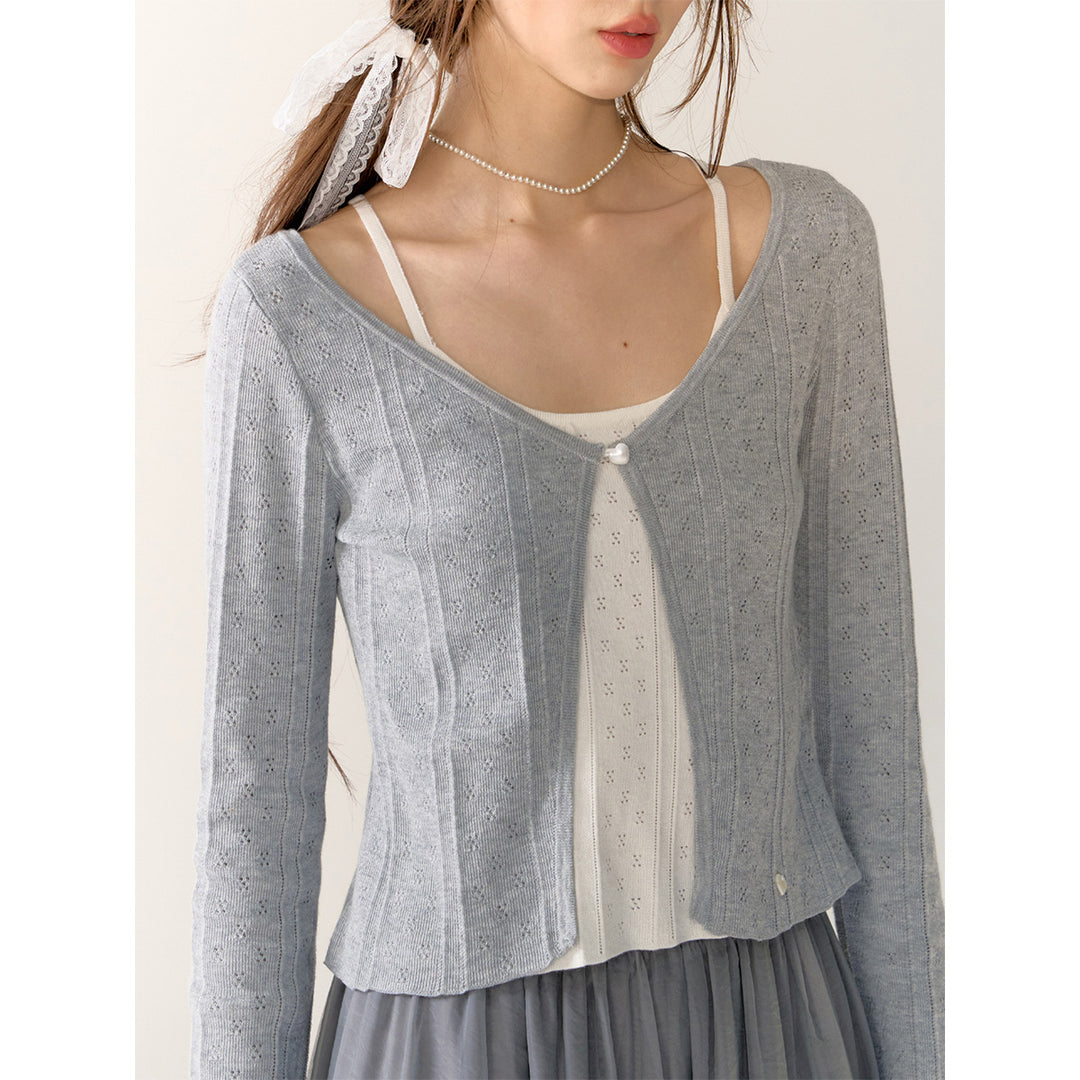 AsGony Contrast Color Fake-2-Piece Slim Cardigan Gray