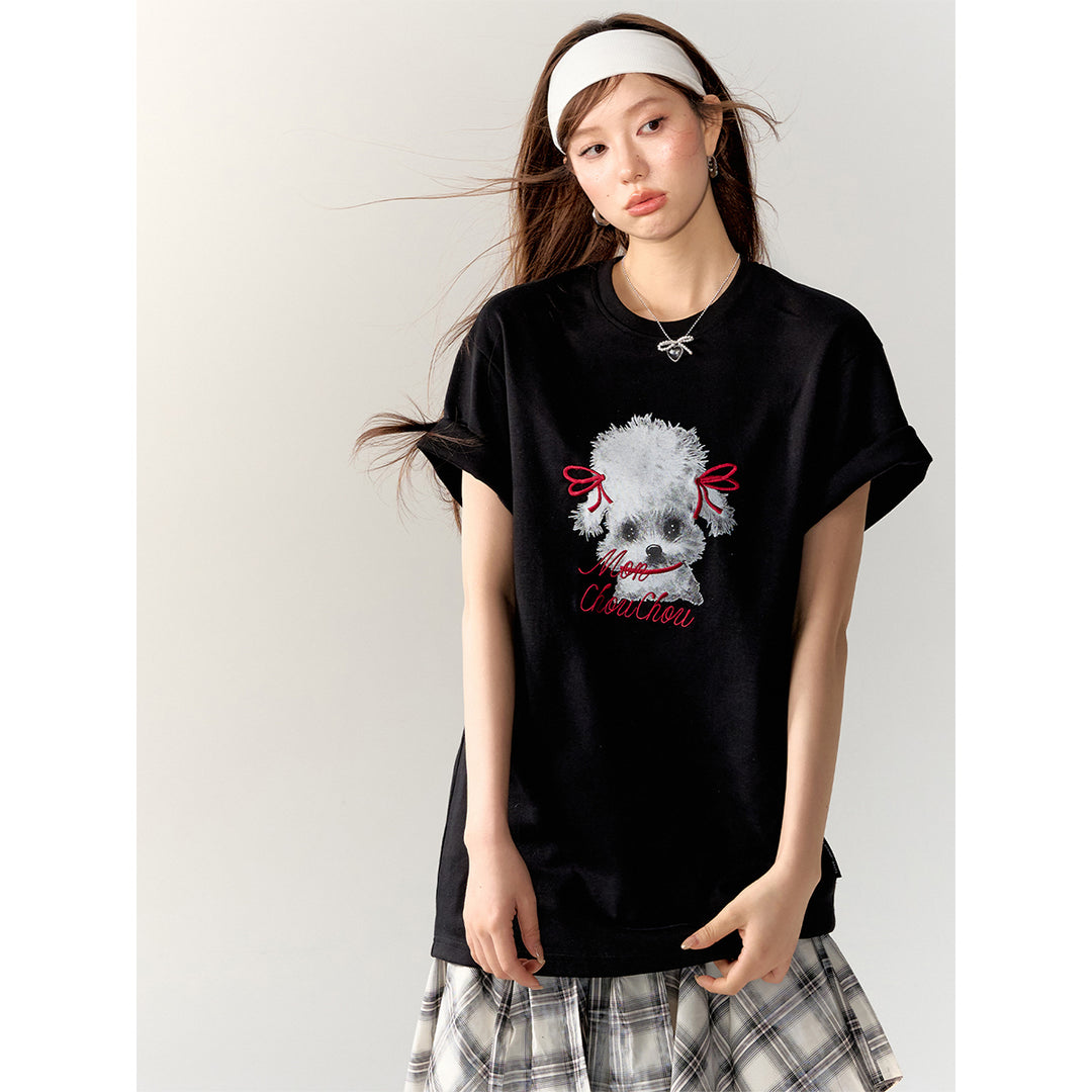 AsGony Puppy Printed Straight Shoulder T-Shirt Black