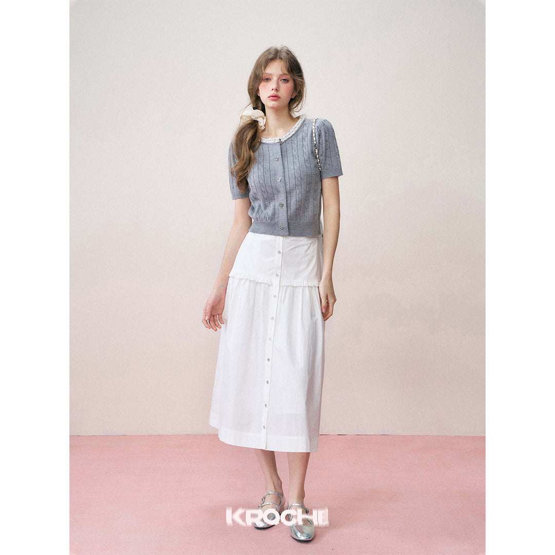 Kroche Pearl Collar Woolen Short Sleeved Cardigan Grey
