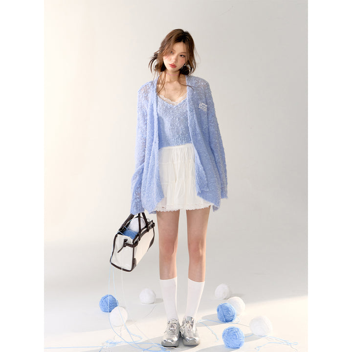 AsGony Lace Patchwork Knit Slip Vest Blue