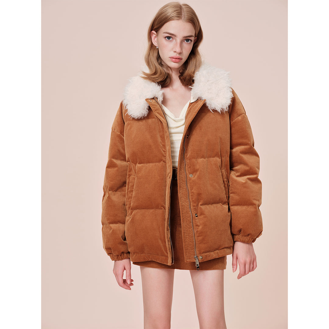 Rocha Roma Fur Lapel Corduroy Down Jacket Khaki