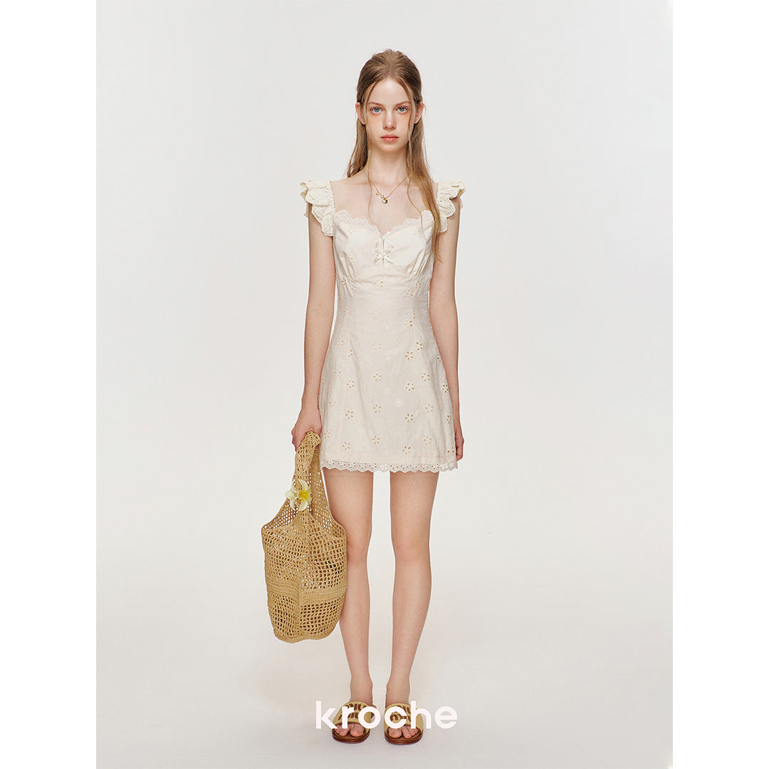 Kroche Hollow Out Embroidered Lace Short Dress Beige