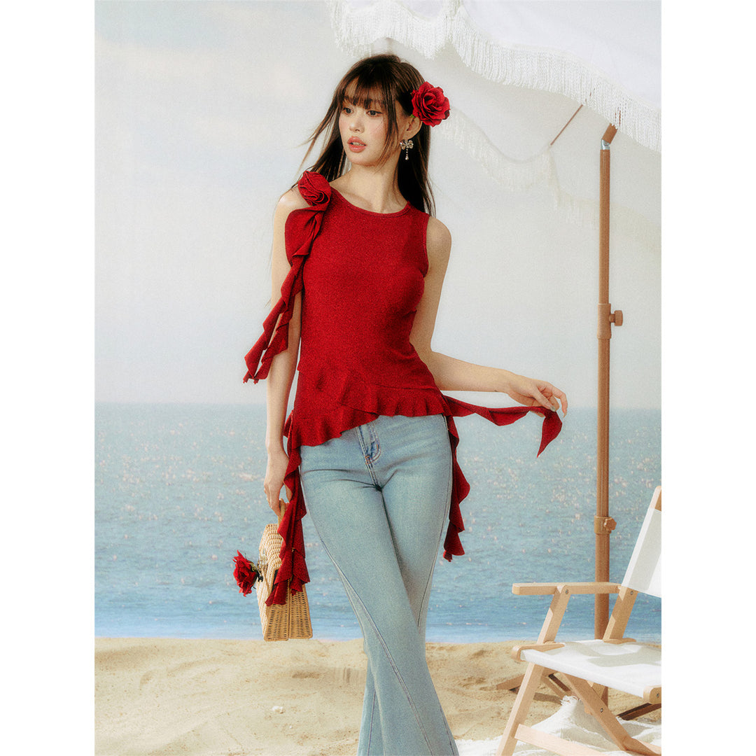 AsGony Flower Ribbon Irregular Ruffled Vest Red