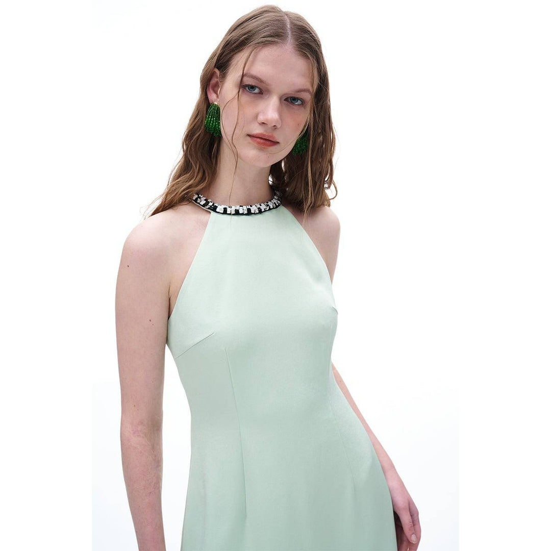 Diana Vevina Sleeveless Rhinestone Halter Dress Green - GirlFork