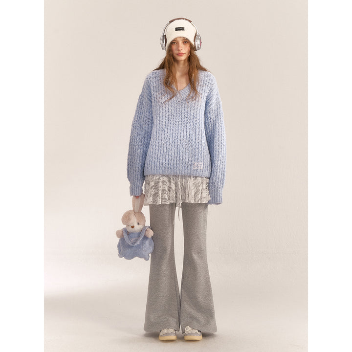 AsGony Blended Woolen V-Neck Knit Sweater Blue