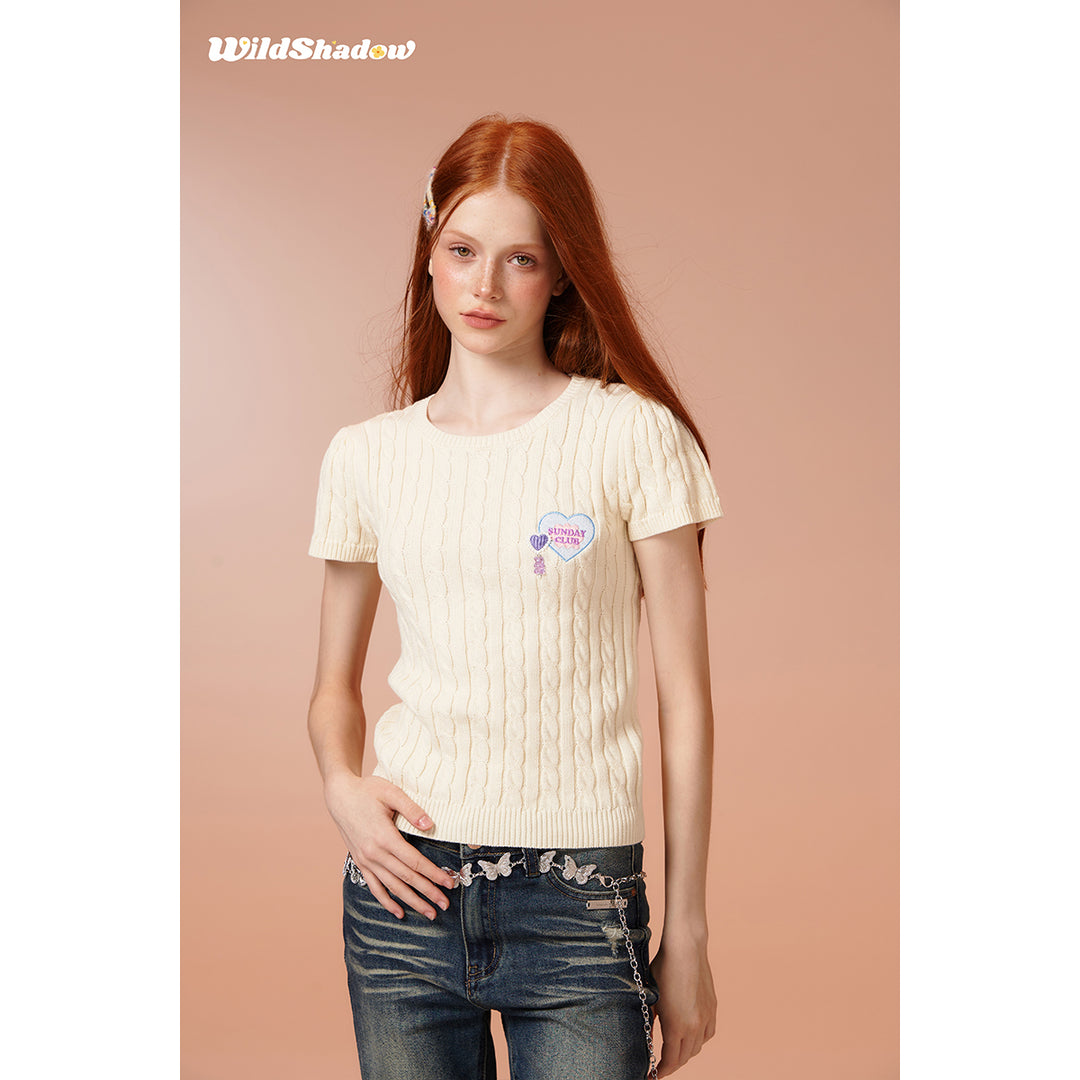 Wildshadow Heart Embroidery Twisted Knit Top Cream - Mores Studio