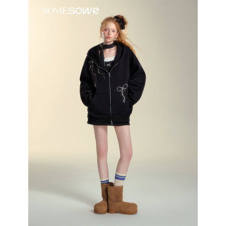 SomeSowe Bow Rivet Hooded Casual Jacket Black