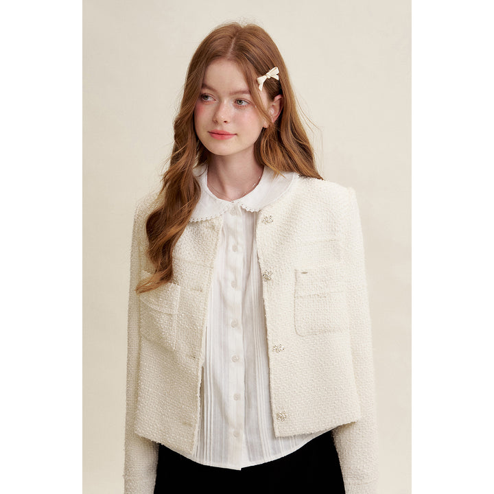 Kroche Heavy Floral Button Tweed Jacket White