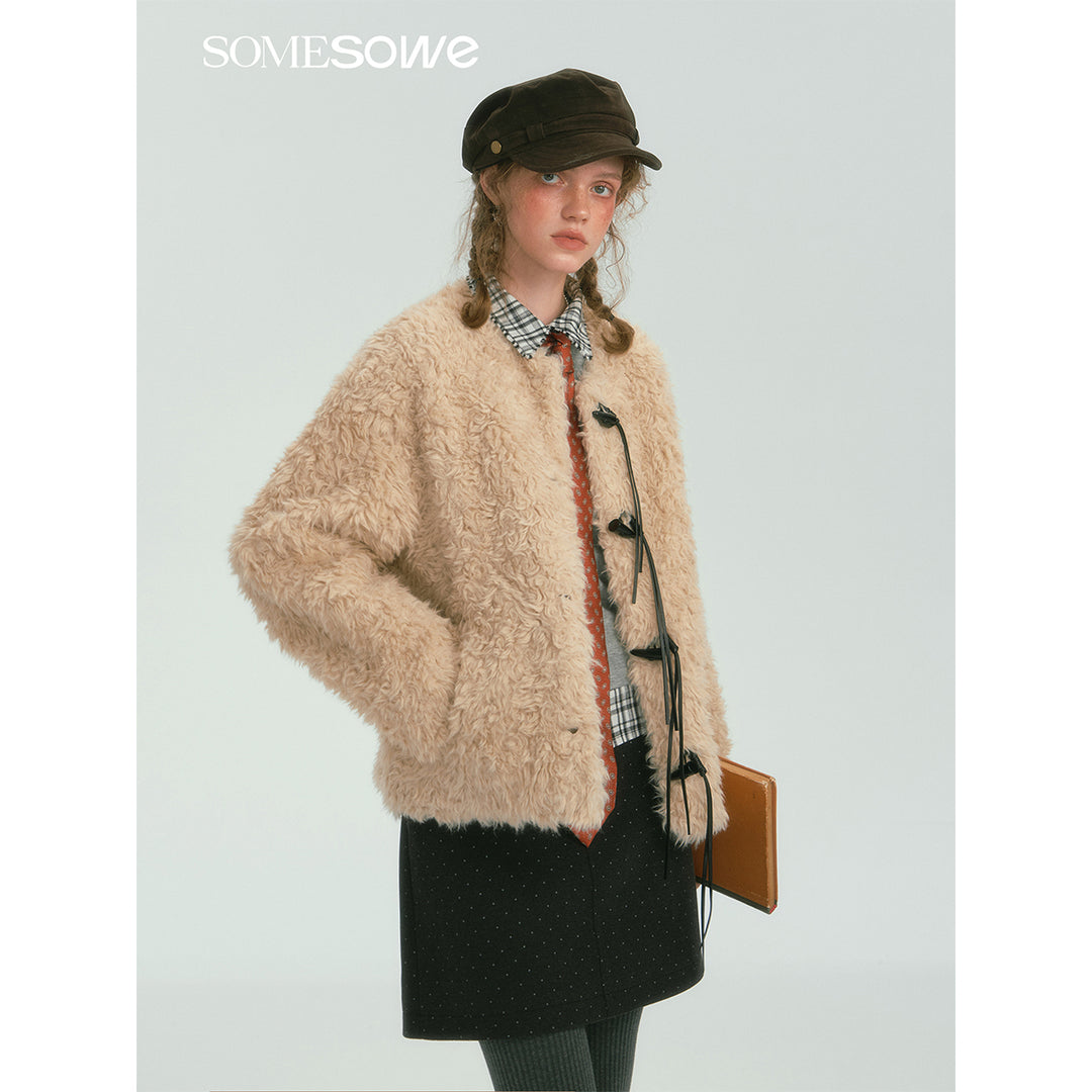 SomeSowe Tassel Horn Button Furry Jacket Beige