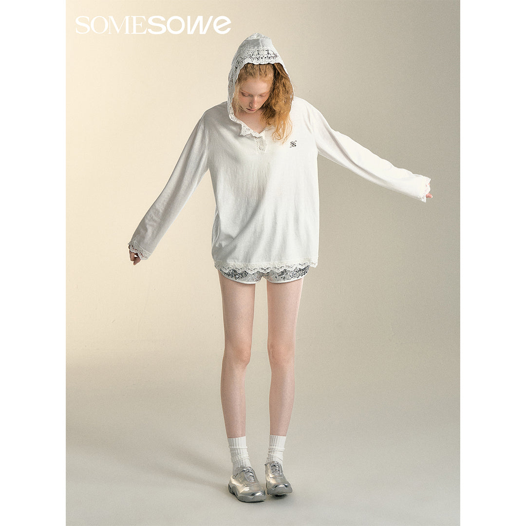 SomeSowe Lace Hooded Collar Cool Long Sleeve Top