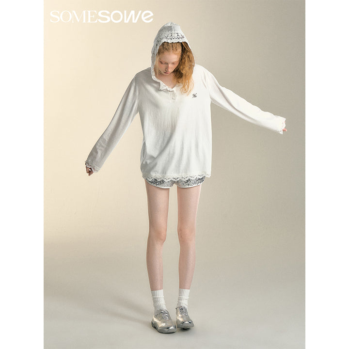SomeSowe Lace Hooded Collar Cool Long Sleeve Top