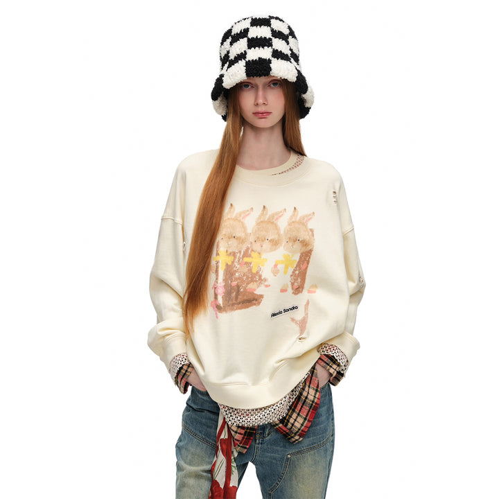 Alexia Sandra Three Rabbit Printed Fake-2-Piece Distressed Sweater White