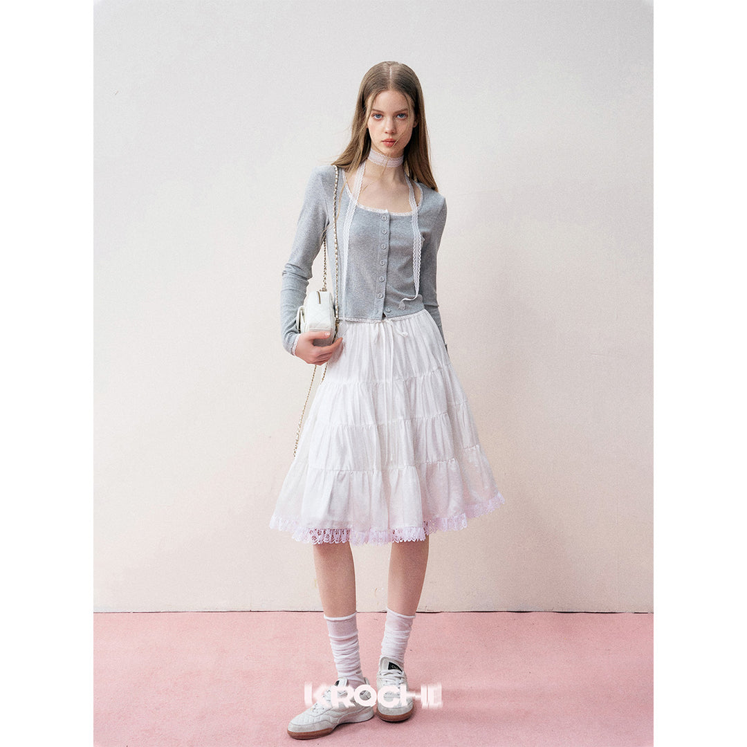Kroche Lace Patchwork Tiered Skirt White