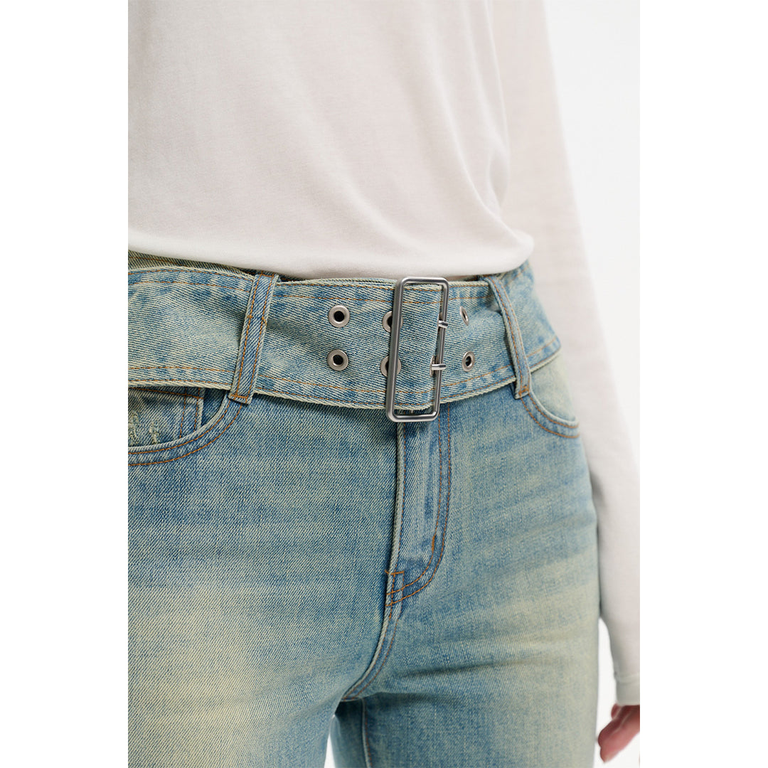 Three Quarters Distressed Washed Belt Flare Jeans Blue