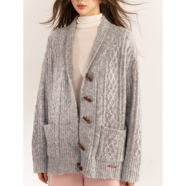 AsGony Blended Woolen Twist Lapel Knit Cardigan Gray