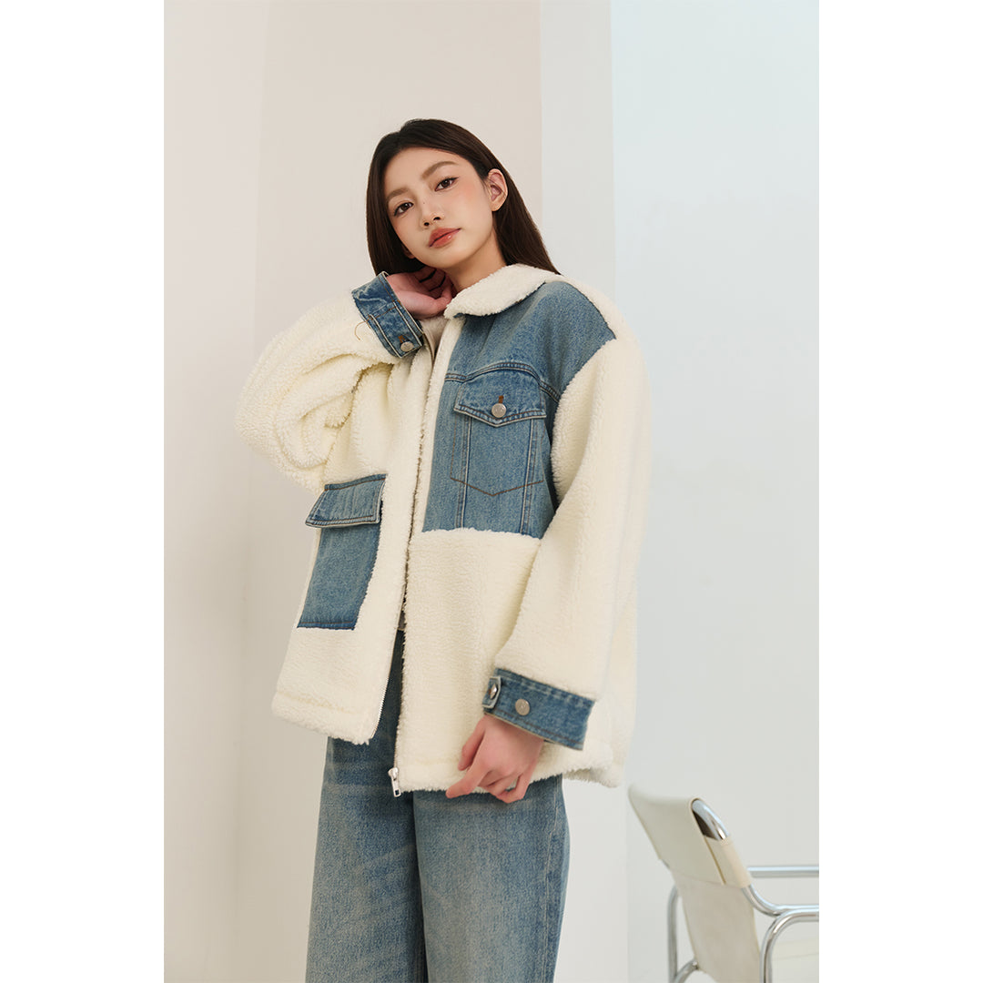 Three Quarters Denim Patchwork Wool Coat Blue