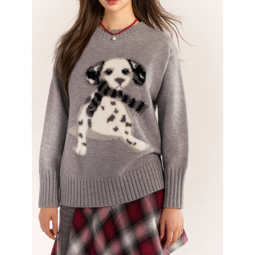 AsGony Spotted Puppy Knit Sweater Gray