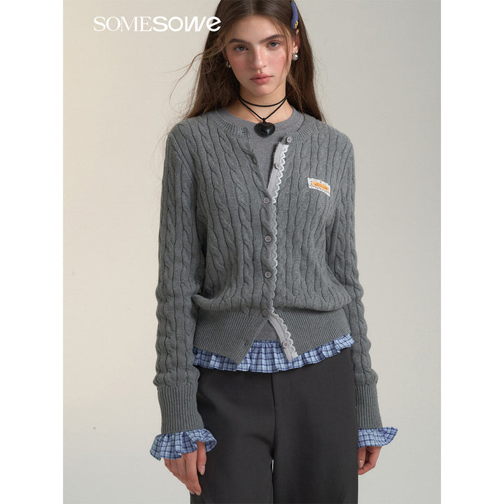 SomeSowe Lace Patchwork Twist Knit Cardigan Gray