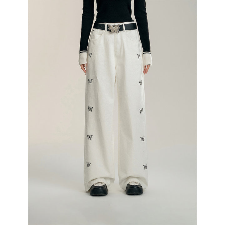 MacyMccoy Butterfly Printed Wide-Leg Denim Pants White