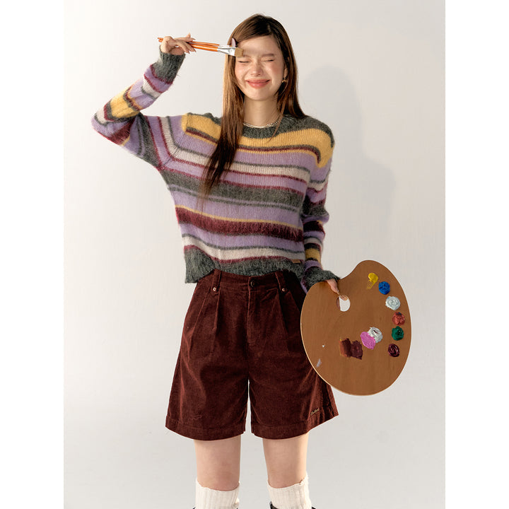 AsGony Contrast Color Striped Knit Sweater Purple