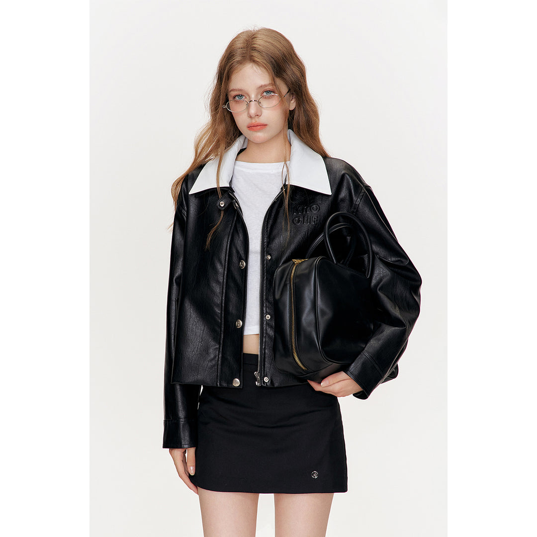 Kroche Color Blocked Lapel Leather Jacket Black