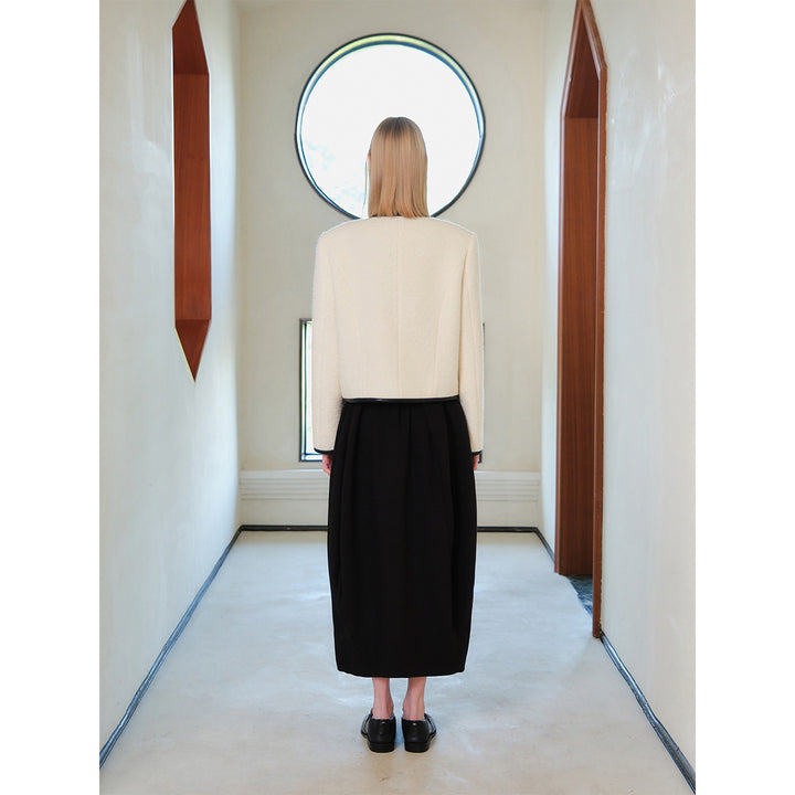 Three Quarters Color Blocked Woolen Structural Jacket White - Mores Studio