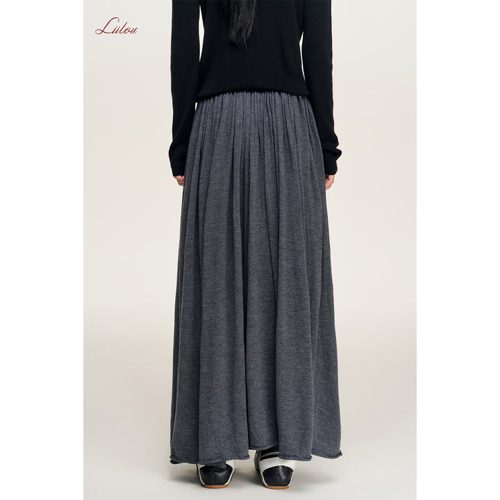 Liilou Draped Elastic-Waist Woolen A-Line Long Skirt Dark Gray