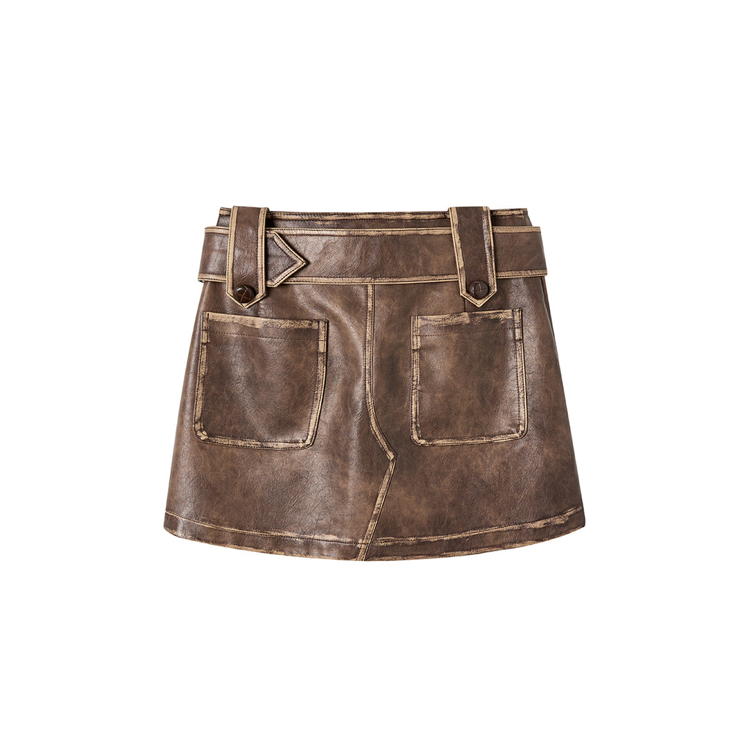 Via Pitti Distressed Heavy Washed Leather Skirt Brown - Mores Studio
