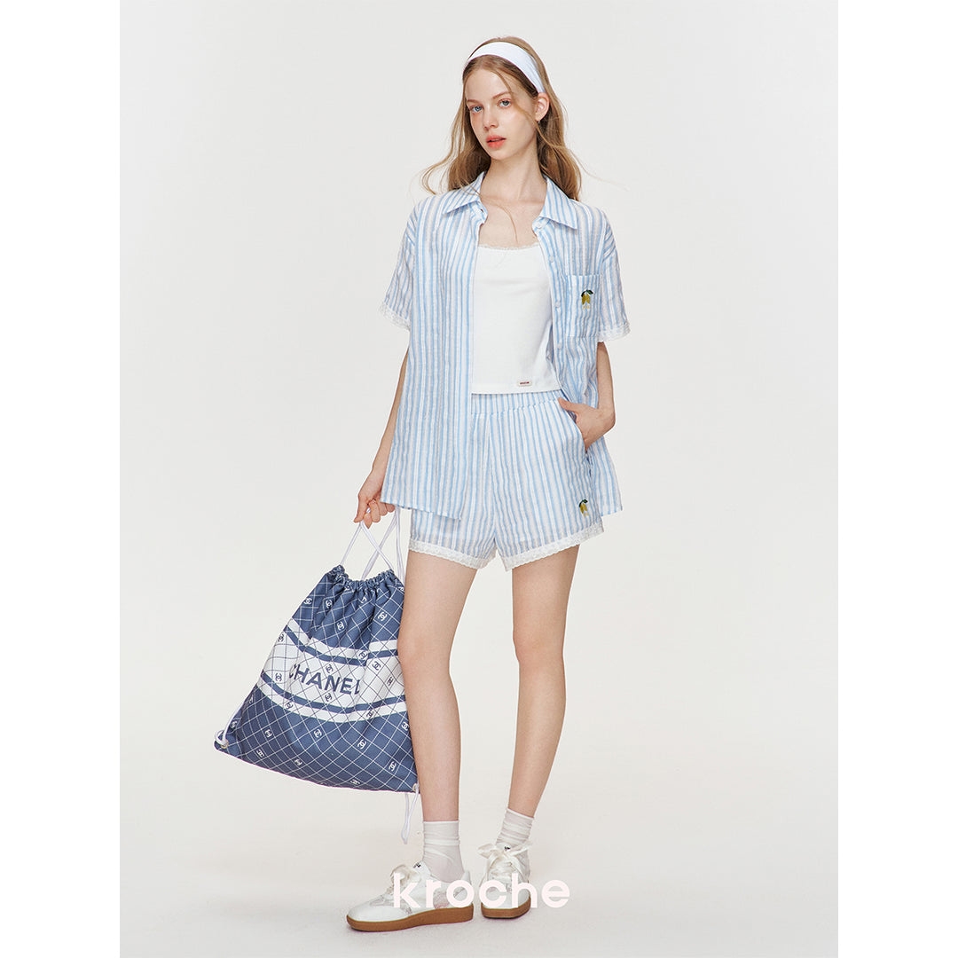 Kroche Lace Edge Hollow Out Striped Embroidery Shirt Blue