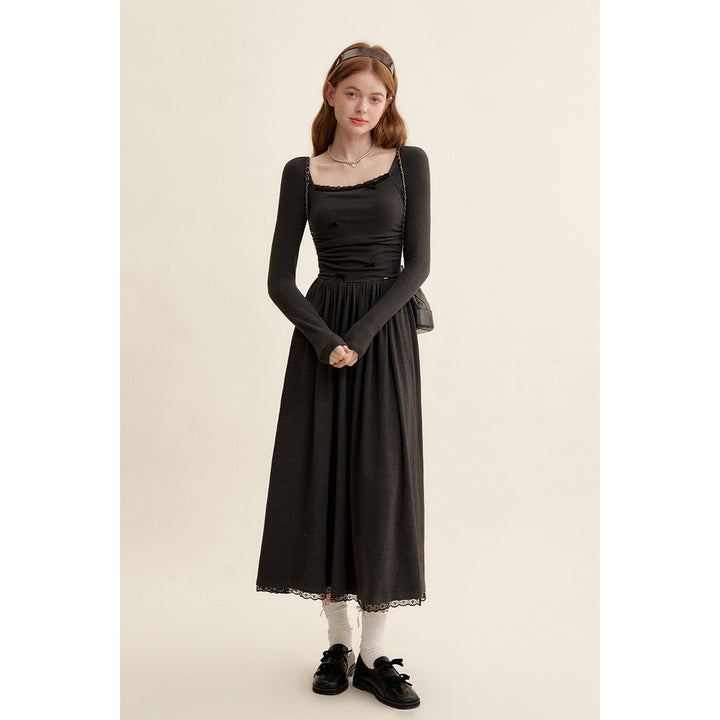 Kroche Velvet Bow Square Neck Waisted Dress Black