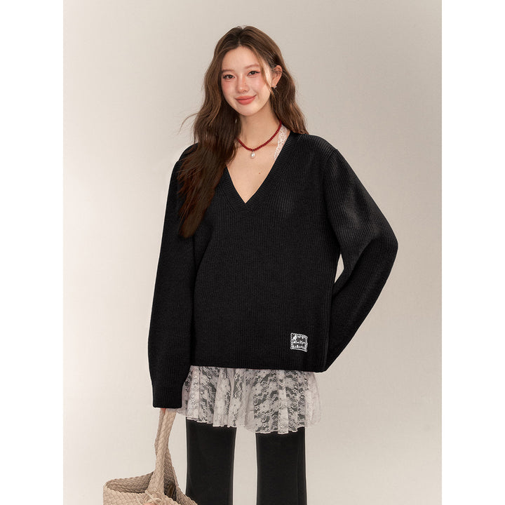 AsGony Retro V-Neck Casual Knit Sweater Black