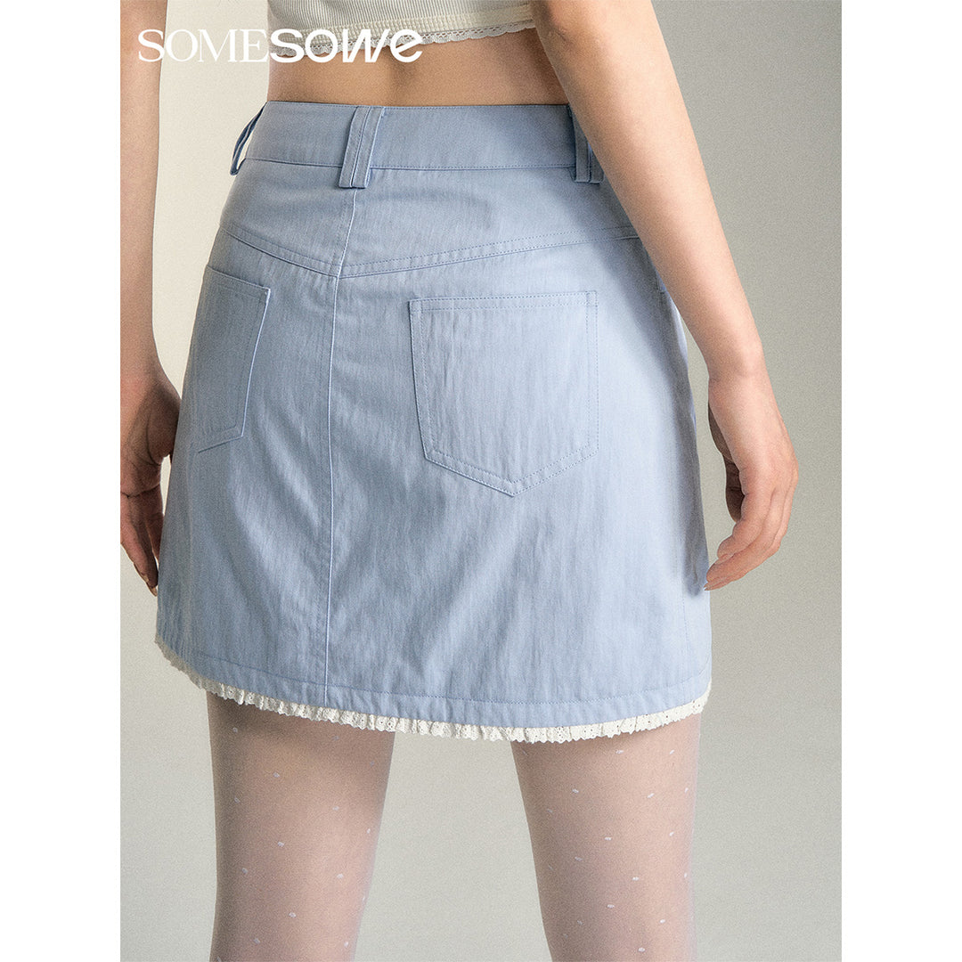 SomeSowe Lace Edge Draping Short Skirt Blue