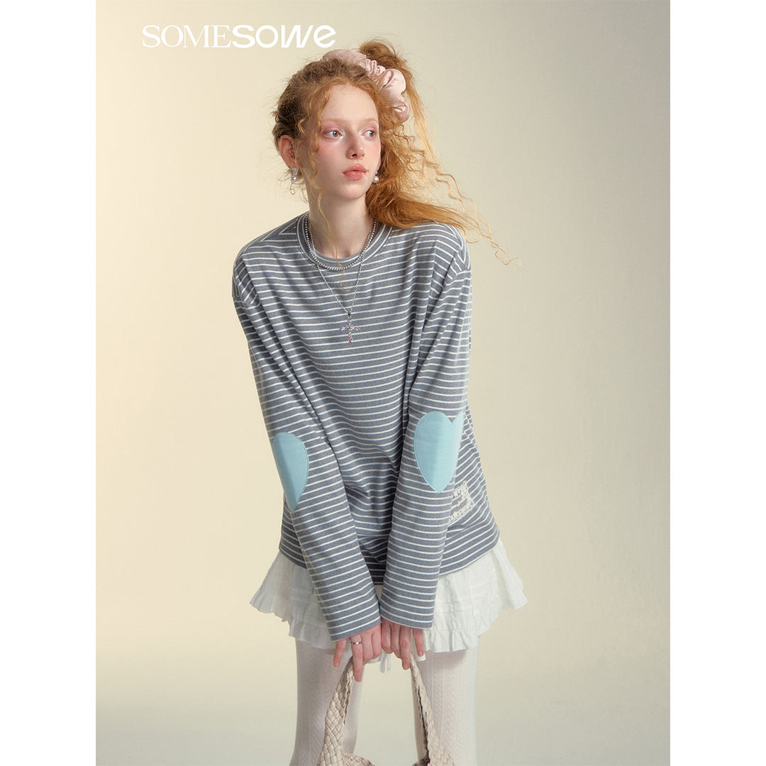 SomeSowe Striped Heart Long Sleeve Top Gray