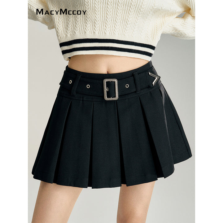 MacyMccoy High-Waist Belt A-Line Pleated Skirt Black