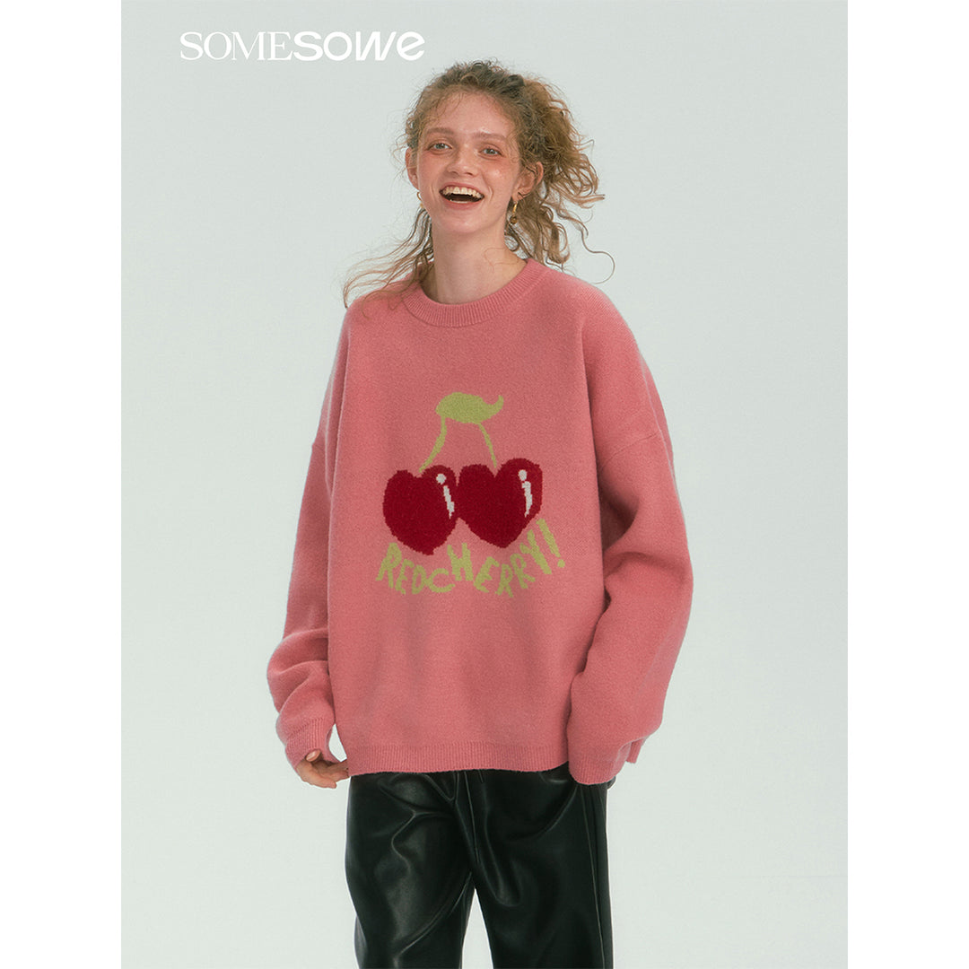 SomeSowe Cherry Jacquard Silhouette Knit Sweater Pink