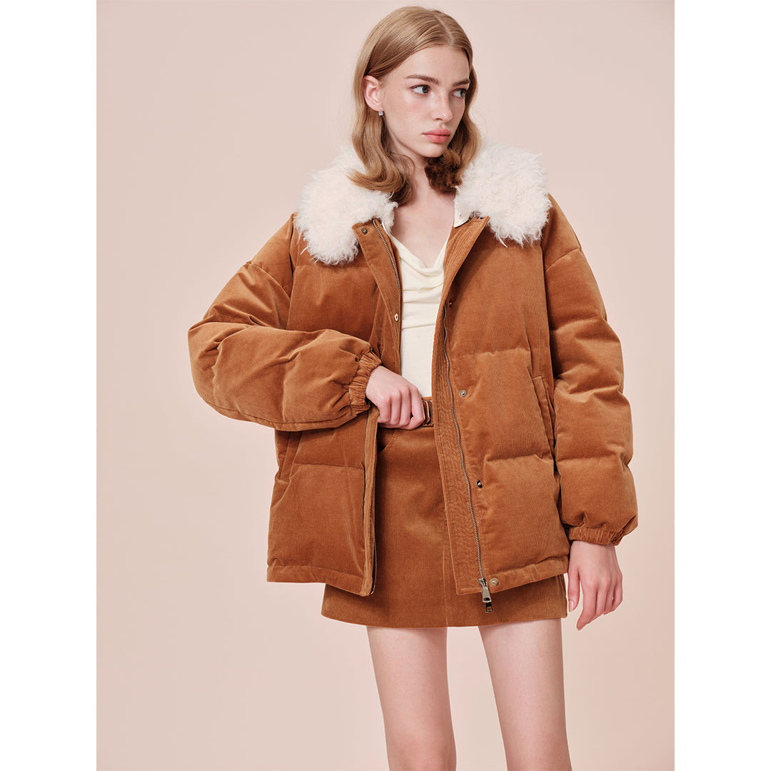 Rocha Roma Fur Lapel Corduroy Down Jacket Khaki