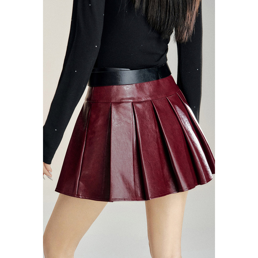 MacyMccoy Retro A-Line Pleated Leather Skirt Red