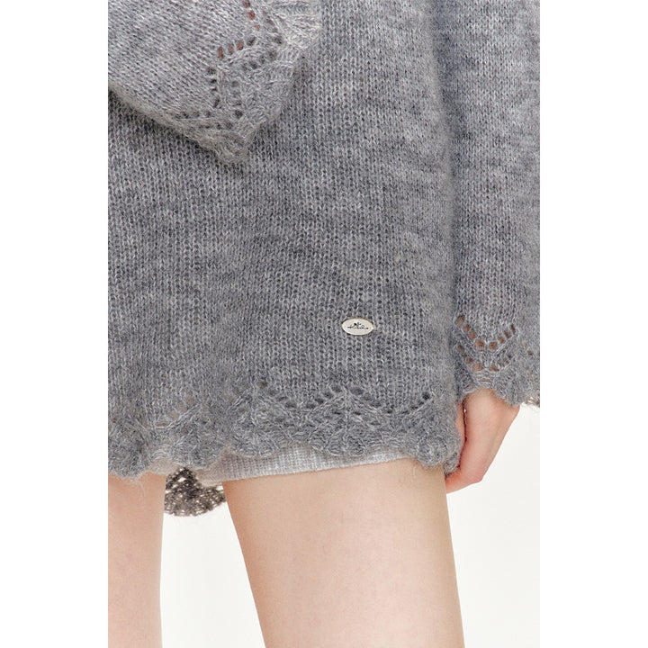 Kroche Hand Crochet Hollow Out V-Neck Knit Top Gray